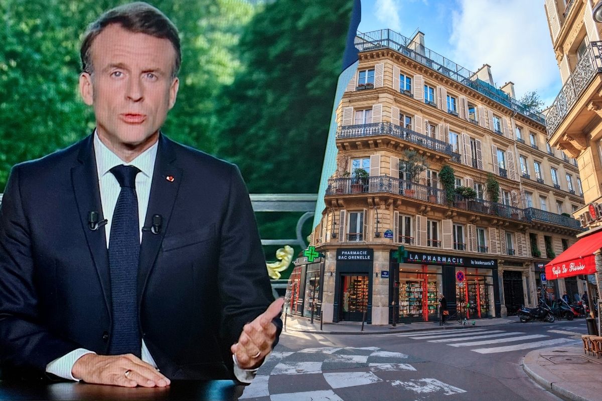 Montage photo avec l'allocution du président de la république française Emmanuel Macron lors de l'annonce de la dissolution de l'assemblée nationale et la façade d'un immeuble à Paris à gauche