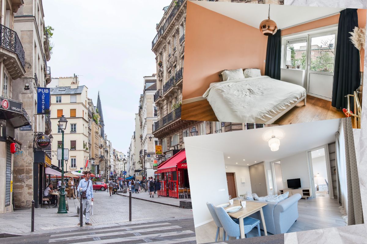Mosaïque de photos avec la vue d'une rue de Paris et deux photos d'intérieur d'appartement meublé