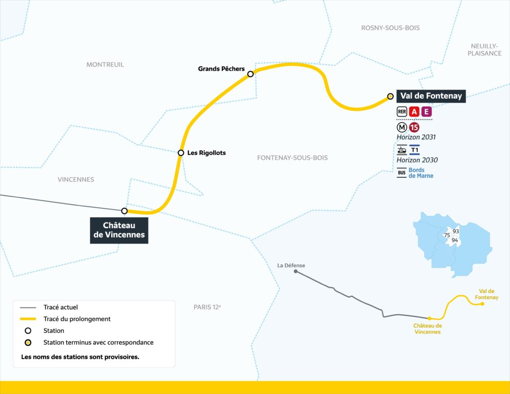 Tracé du futur prolongement de ligne 1 jusqu'à Val-de-Fontenay d'ici à 2030