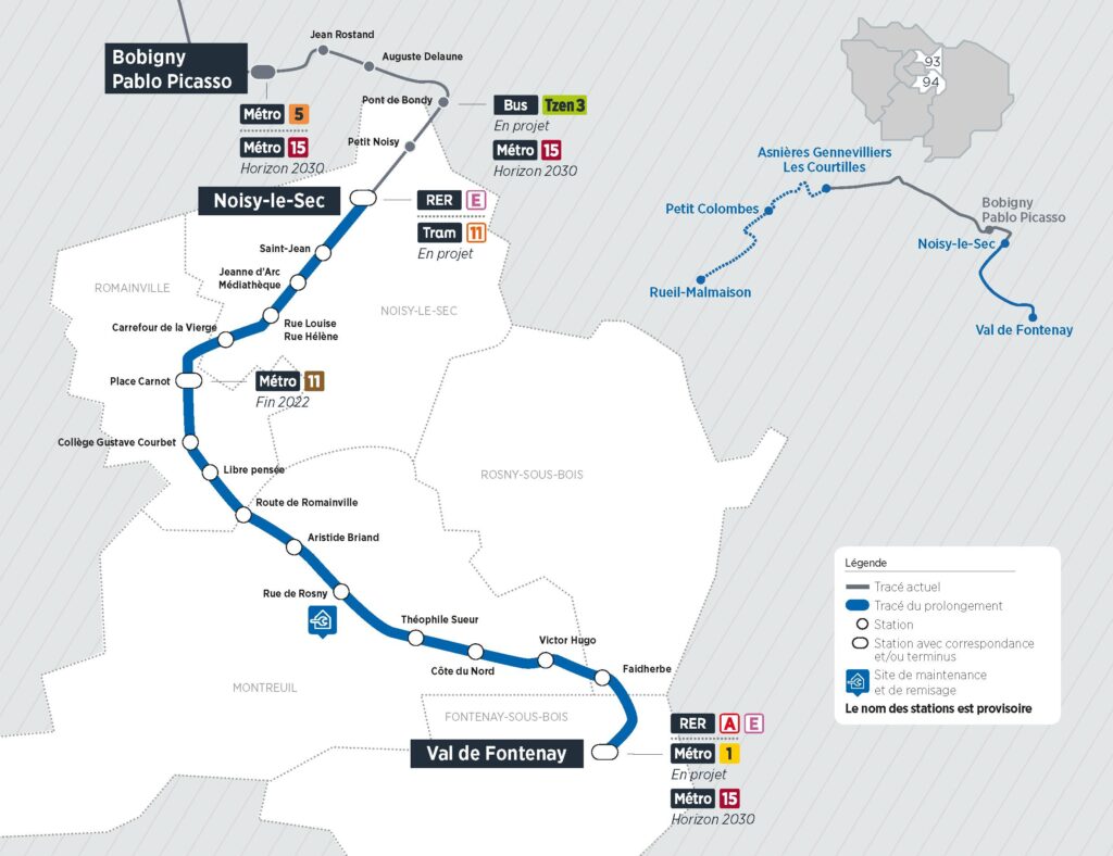 Plan du prolongement du tram T1 de Bobigny à Val de Fontenay