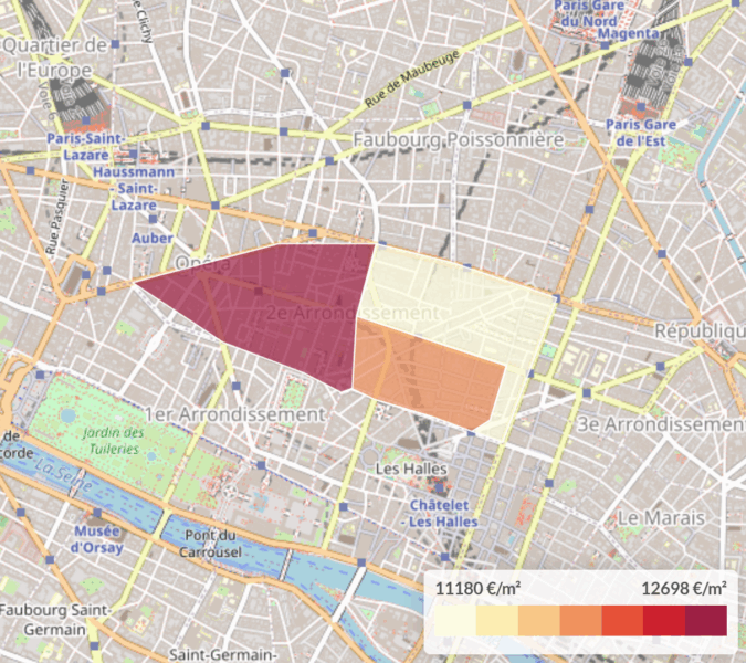 Carte des prix de l'immobilier par quartier dans le deuxième arrondissement de Paris