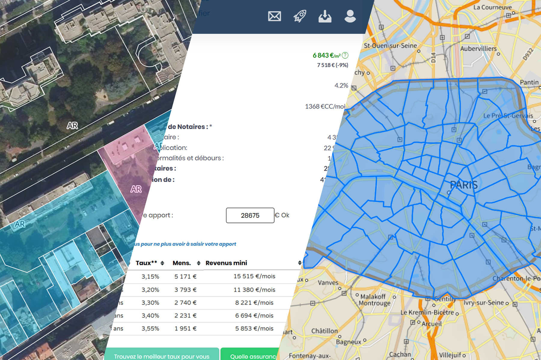 Montage photo avec 3 captures d'écran d'outils pour évaluer les prix de l'immobilier à Paris en Île-de-France