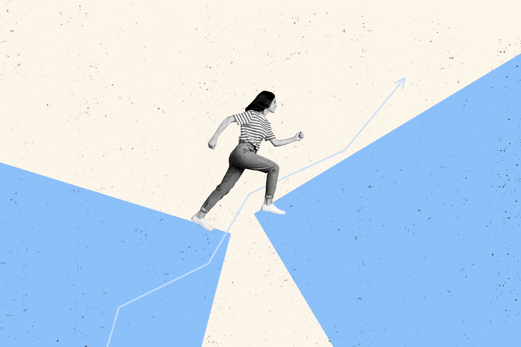 Une femme saute entre deux blocs de couleurs éloignés avec une flèche ascendante, symbolisant le risque supplémentaire qu’une femme doit prendre pour ses décisions financières par rapport à un homme.