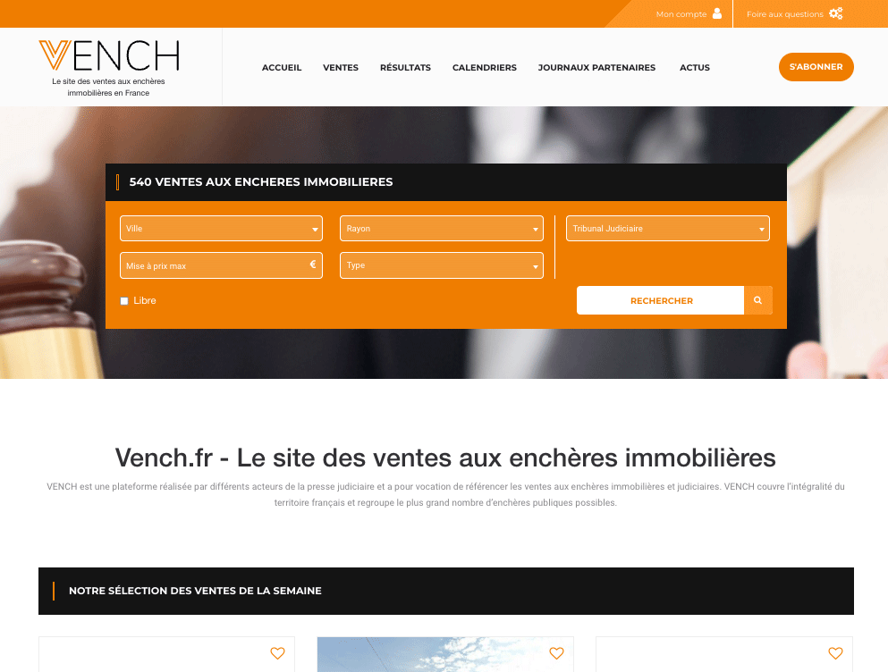 Capture d'écran de la page d'accueil du site web Vench