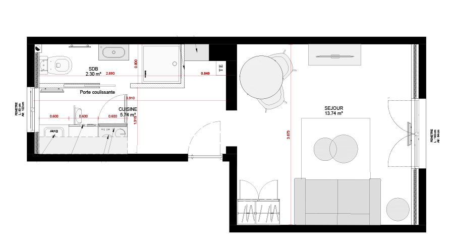 Plans d'architecte apres la reconfiguration avec la cuisine et la salle de bain qui ne sont plus en enfilade