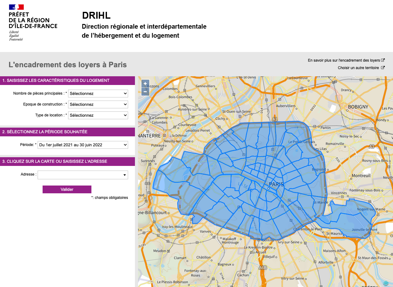 Capture d'écran du simulateur de l'encadrement des loyers à Paris sur le site de DRHIL.