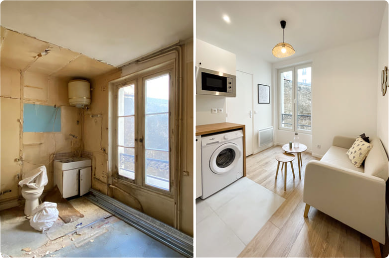 Photo avant et après rénovation d'un appartement de 20m2 pour de l'investissement locatif à Paris