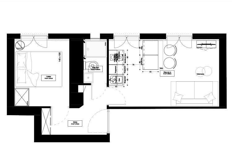 Plan d'architecte en 2D avec les cloisons et le mobilier. Sas d'entrée, chambre à gauche, salle de bain au milieu, grand séjour avec cuisine ouverte à droite.