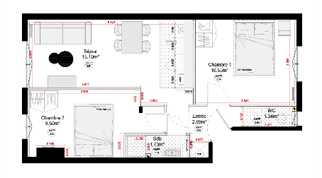 Plan d'un colocation à Paris avec deux chambres et une pièce commune