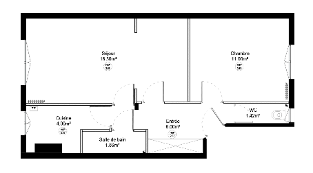 Plan d'un appartement avec une grande pièce de vie, une cuisine et une seule chambre