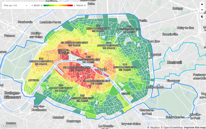 Carte des prix de l'immobilier à Paris. Les arrondissements centraux sont les plus chers.