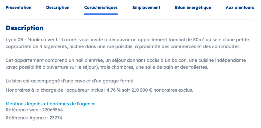 Copie d'écran d'une annonce de vente immobilière sur le site web de Laforêt