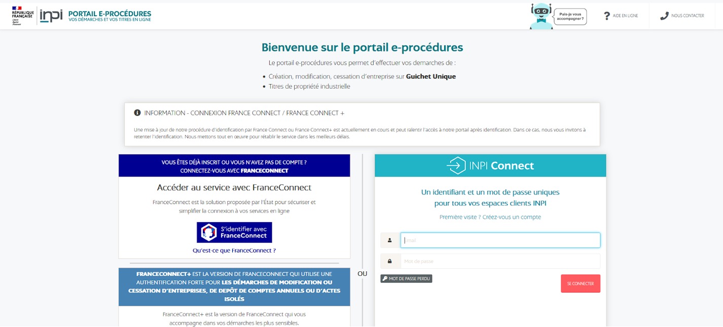 Capture d'écran de la page d'accueil du site web de l'Institut national de la propriété intellectuelle