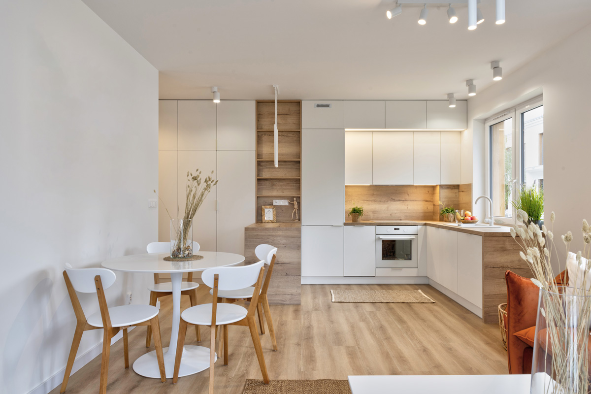 Cuisine et et séjour d'un appartement meublé avec un style scandinave