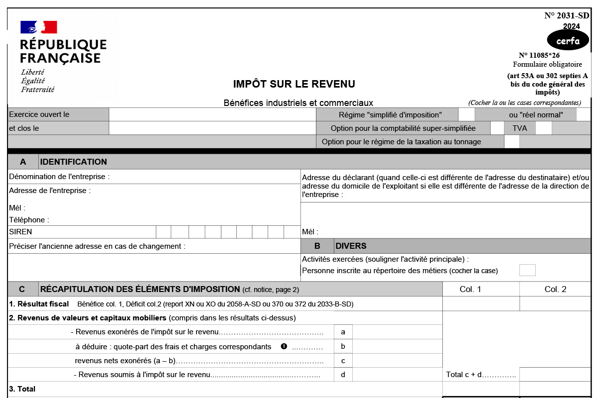 Copie d’écran du formulaire 2031-SD nécessaire pour déclarer les revenus de la location meublée et les déficits LMNP.