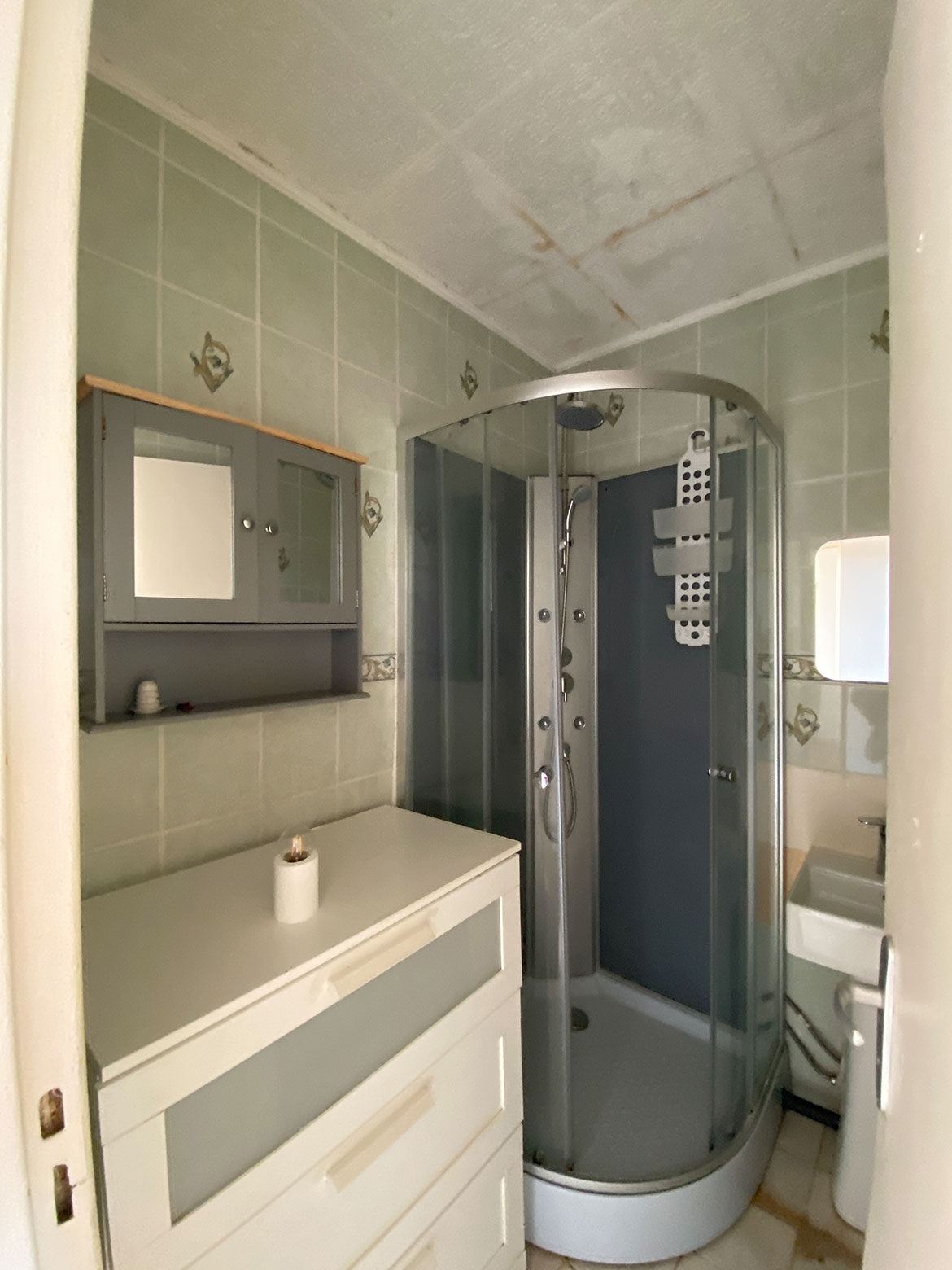 Salle d'eau défraichi avec un carrelage vert pistache à motif et des traces de moisissures au plafond